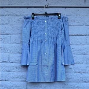 Romeo & Juliet Couture Blue and White Ruffled Off the Shoulder Mini Dress